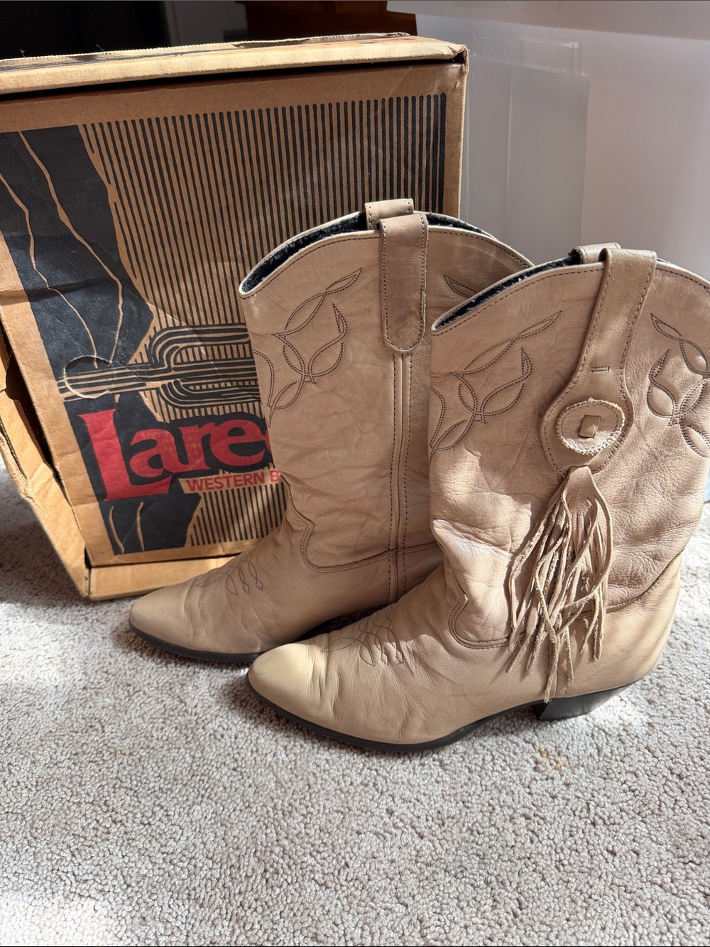 Vintage 1992 Women’s Laredo Western Boots Taupe Leather Fringe Cowboy Boots